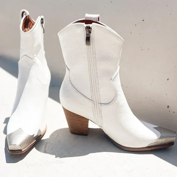 NEW White PU Leather Metal Cap Toe Block Heel Cowgirl Cowboy Western Ankle Boots - Picture 16 of 16